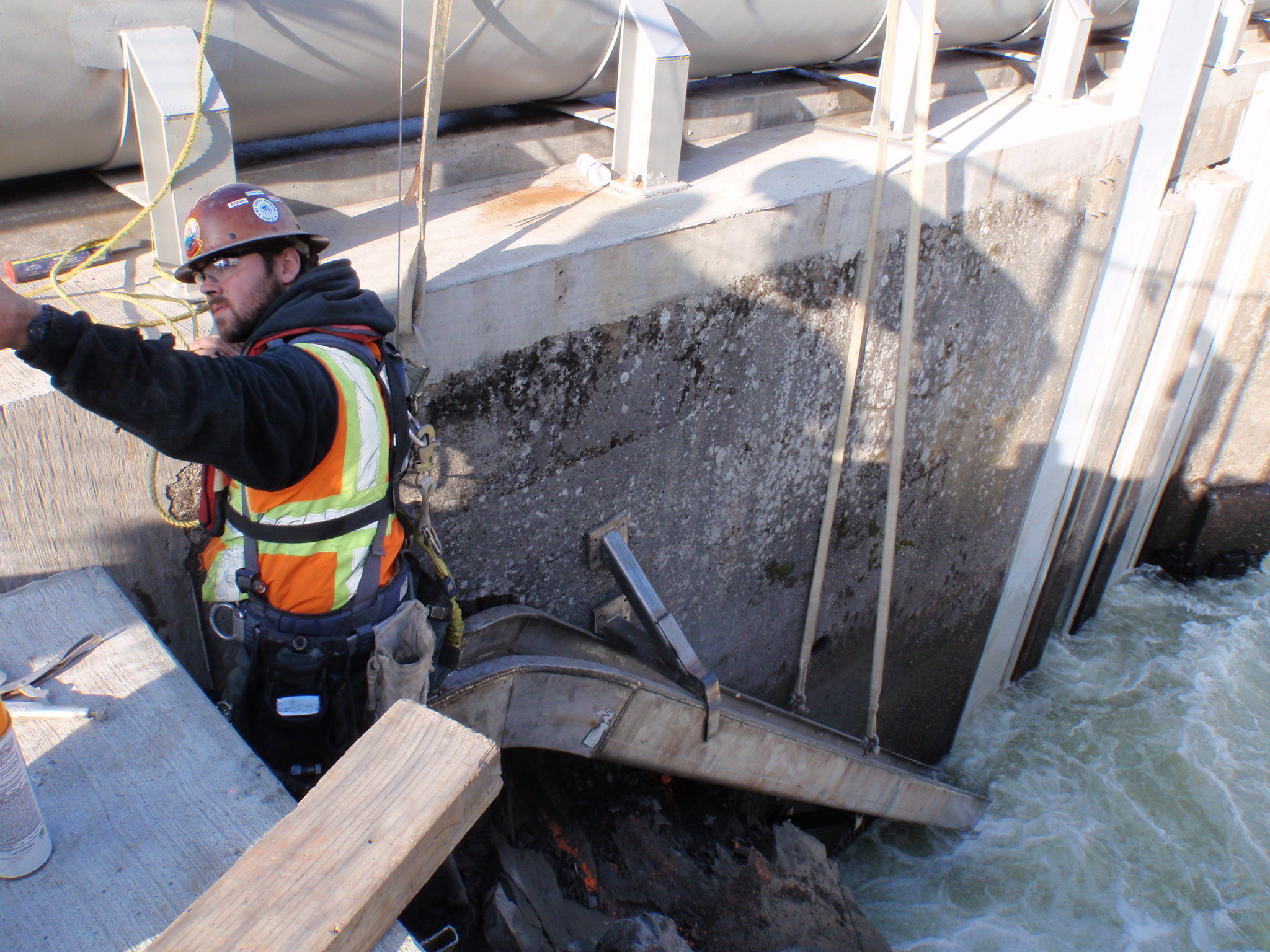 Construction of lamprey passage device at face of Lyle Falls Fishway.